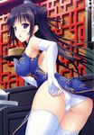  :o absurdres adjusting_clothes adjusting_panties ass back_cutout bamboo_steamer bare_shoulders black_hair blue_eyes blush braid breasts china_dress chinese_clothes covered_nipples dengeki_moeou dim_sum double_bun dress elbow_gloves gloves highres large_breasts looking_back panties pants shibayuki shiny shiny_skin skindentation thighhighs trefoil underwear white_gloves white_panties 