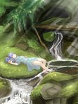  hiyosuke_(ak_love) kawashiro_nitori lying nature no_hat no_headwear on_back river sitting sleeping soaking_feet solo touhou water 