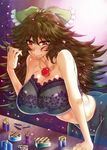  arm_support ass bare_shoulders bent_over black_hair blush bow bra breasts cleavage hair_bow huge_breasts jewelry lace lace-trimmed_bra leaning_forward lipstick_tube long_hair looking_at_viewer necklace red_eyes reiuji_utsuho solo touhou underwear wakura_(gcdan) 