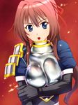  armor blue_eyes bow breast_squeeze breasts brown_hair elbow_gloves embers gloves hair_bow impossible_armor impossible_clothes japanese_armor large_breasts long_hair looking_at_viewer oda_nobuna_no_yabou open_mouth ponytail red_background shibata_katsuie_(oda_nobuna_no_yabou) shiny shoulder_armor shoulder_pads simple_background sode solo ueyama_michirou 