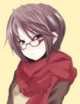  1girl akku_lude glasses original purple_eyes purple_hair red-framed_glasses scarf semi-rimless_glasses short_hair simple_background solo 