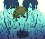  2boys bad_id bad_pixiv_id blue_eyes blue_hair bow brown_hair dark_persona digital_media_player female_protagonist_(persona_3) hair_ornament multiple_boys okitdo persona persona_3 persona_3_portable red_eyes ribbon school_uniform shadow_(persona) short_hair yellow_eyes yuuki_makoto 