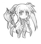  armor bardiche belt cape fate_testarossa gloves greyscale hair_ribbon long_hair lyrical_nanoha magical_girl mahou_shoujo_lyrical_nanoha mahou_shoujo_lyrical_nanoha_a's mahou_shoujo_lyrical_nanoha_the_movie_2nd_a's monochrome nigemakuri ribbon skirt smile solo thighhighs twintails 