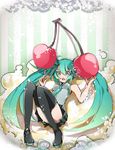  bad_id bad_pixiv_id boots cherry food fruit green_eyes green_hair hatsune_miku highres long_hair necktie open_mouth saihate_(d3) sitting skirt solo thigh_boots thighhighs twintails very_long_hair vocaloid 