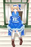  alice_margatroid alice_margatroid_(pc-98) alternate_costume blonde_hair blue_eyes blue_hairband blush bow flower frills hair_bow hair_ornament hairband long_sleeves nanatuki13 open_mouth petals rose short_hair sitting solo touhou touhou_(pc-98) wide_sleeves window 
