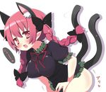  animal_ears bottomless braid breasts cat_ears cat_tail hair_ribbon kaenbyou_rin kuronekogata large_breasts looking_at_viewer multiple_tails open_mouth red_eyes red_hair ribbon shirt_tug short_hair simple_background solo tail touhou twin_braids twintails white_background 