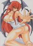  armpits ass bare_shoulders breasts cleavage collarbone covering covering_breasts curvy demon_wings head_wings koakuma large_breasts long_hair marker_(medium) pointy_ears red_eyes red_hair simple_background smile solo touhou traditional_media very_long_hair white_background wings yutakasan-love 