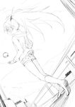  apple banned_artist boots food fruit greyscale hair_ribbon jacket long_hair mahou_shoujo_madoka_magica monochrome moritan ponytail ribbon sakura_kyouko short_shorts shorts sketch solo 