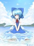  ahoge blue_hair blush bow cirno detached_wings hachachi hair_bow highres ice ice_wings one_eye_closed partially_submerged puffy_sleeves short_hair short_sleeves smile solo touhou water wings 