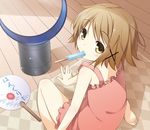  barefoot bladeless_fan blush brown_hair dyson fan food hair_ornament hidamari_sketch hot looking_at_viewer looking_back mouth_hold paper_fan popsicle short_hair sitting solo uchiwa wariza x_hair_ornament yellow_eyes yume_no_owari yuno 