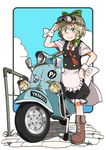  alternate_eye_color bad_id bad_pixiv_id blonde_hair boots braid goggles goggles_on_headwear green_eyes ground_vehicle hat highres kirisame_marisa kitsuneno_denpachi long_hair looking_at_viewer motor_vehicle necktie scanlines scooter single_braid smile solo touhou wrist_cuffs 