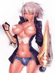  bikini_top blazblue blazblue:_chronophantasma breasts bullet_(blazblue) cleavage covered_nipples cutoffs denim denim_shorts fumio_(rsqkr) gauntlets gloves jacket large_breasts lips navel orange_eyes shiny shiny_skin short_shorts shorts silver_hair skindentation slender_waist solo strap_gap tan 