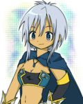  1girl blue_eyes blush breasts cleavage dark_skin elbow_gloves gloves grey_hair jewelry mahou_shoujo_madoka_magica navel necklace parody ring rondorine_e._effenberg scarf short_hair smile style_parody tales_of_(series) tales_of_phantasia tales_of_phantasia:_narikiri_dungeon_x 