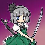  black_hairband blue_eyes bow collarbone eruru_(erl) flower grey_hair hair_ribbon hairband highres konpaku_youmu puffy_sleeves ribbon scabbard sheath short_hair short_sleeves smile solo sword touhou weapon 