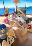  5girls bad_id bad_pixiv_id barefoot blue_hair brown_hair casual couch feet good green_hair gumi happy hatsune_miku japanese_clothes jumping kagamine_len kagamine_rin kaito kamui_gakupo kimono lying megurine_luka meiko multiple_boys multiple_girls ocean senni shorts sleeping smile table tank_top television vocaloid water yukata 