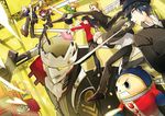  4girls amagi_yukiko black_hair black_legwear blue_hair brown_hair cabbie_hat chair copyright_name fan fighting_stance folding_chair folding_fan grey_eyes grey_hair hairband hanamura_yousuke hat houndstooth izanagi jacket_on_shoulders jumping kicking kujikawa_rise kuma_(persona_4) kunai long_hair multiple_boys multiple_girls narukami_yuu pantyhose persona persona_4 red_hair satonaka_chie school_uniform shirogane_naoto shokill short_hair skirt skull_and_crossbones socks sword tatsumi_kanji television thighhighs twintails weapon white_legwear 