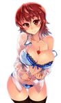  bad_id bad_pixiv_id between_breasts black_legwear blue_panties blush bra breasts cherry cleavage collarbone food fruit kusanagi_tonbo lace lace-trimmed_bra large_breasts off_shoulder original panties red_eyes red_hair shirt simple_background smile solo thigh_gap thighhighs underwear wet wet_clothes wet_shirt white_background 