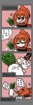  =_= cape comic creature eyebrows fang food hair_up heart highres oono_mayu open_mouth pixiv_azriel red_eyes red_hair smile translated vegetable yanagi_(nurikoboshi) 