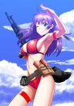  ak-105 armpits assault_rifle belt bikini breasts cloud day green_eyes gun hammer_and_sickle large_breasts long_hair loose_belt navel one_eye_closed original purple_hair red_bikini rifle sky solo soviet swimsuit thigh_strap utility_belt weapon yamamoto_nanashiki 