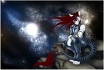  armor cyborg eyes_closed glowing hair horn long_hair male red_hair rock sitting solo space stars unknown_species 