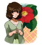  blue_eyes brown_hair collarbone flower hagitotoro hair_ornament hairpin looking_at_viewer original short_hair smile solo steepled_fingers upper_body 