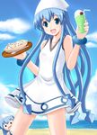  aikawa_fuugetsu beach blue_eyes blue_hair day dress drink food hat ikamusume long_hair mini-ikamusume ocean open_mouth rice shinryaku!_ikamusume shrimp tentacle_hair 