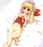  ascot bare_legs barefoot blonde_hair blush bottomless bow error fangs flandre_scarlet groin hands_on_own_chest harry_(namayake) hat hat_bow lying navel on_back on_bed open_mouth panties panties_around_one_leg red_eyes short_hair side_ponytail smile solo touhou underwear white_panties 