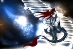  armor cyborg eyes_closed glowing hair horn long_hair male red_hair sitting solo space stairs stars translucent unknown_species 