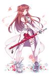  asuna_(sao) bare_shoulders belt breastplate brown_eyes brown_hair detached_sleeves earrings g.h_(gogetsu) highres jewelry long_hair scabbard sheath sheathed skirt smile solo sword sword_art_online thighhighs weapon white_legwear 