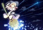  bad_id bad_pixiv_id blonde_hair bow braid broom cloud curiosities_of_lotus_asia flying hair_bow hand_on_headwear hand_up hat highres holding kirisame_marisa night night_sky puffy_short_sleeves puffy_sleeves shooting_star short_hair short_sleeves side_braid single_braid sky smile solo star tomo1030 touhou witch_hat wrist_cuffs yellow_eyes 