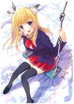  :d absurdres amakusa_tobari animal_ears black_legwear blonde_hair blush bow copyright_request from_above highres holding long_hair looking_at_viewer open_mouth plaid plaid_scarf purple_eyes scan scarf school_uniform sitting skirt smile solo swing tail thighhighs 