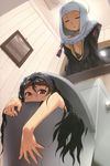  absurdres black_hair breasts cleavage closed_eyes cropped from_below goggles goggles_on_head habit highres large_breasts long_hair looking_at_viewer multiple_girls non-web_source off_shoulder original picture_frame red_eyes scan sun-3 toilet 