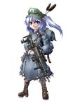  blue_hair bolt_action bullpup dsr-1 full_body gun hat kawashiro_nitori looking_at_viewer naginami rifle simple_background smile sniper_rifle solo touhou two_side_up weapon white_background 