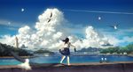  amemura_(caramelo) barefoot bird black_hair blurry cloud condensation_trail day depth_of_field holding holding_shoes island lighthouse long_hair ocean original pier scenery school_uniform seagull serafuku shoes shoes_removed skirt sky solo walking water wind 