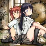  black_legwear brown_eyes brown_hair edogawakid feet globe gokou_ruri highres kneehighs kousaka_kyousuke kurusu_kanako long_legs looking_at_viewer multiple_girls no_shoes ore_no_imouto_ga_konna_ni_kawaii_wake_ga_nai purple_eyes school_uniform sitting skirt smile socks soles toes twintails wanted 