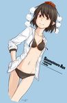  bikini black_hair blue_background brown_eyes character_name collarbone dated groin hand_in_pocket hat hood hoodie jacket jacket_over_swimsuit kawashina_(momen_silicon) looking_at_viewer navel pointy_ears pom_pom_(clothes) shameimaru_aya short_hair simple_background sleeves_pushed_up smile solo swimsuit tokin_hat touhou 
