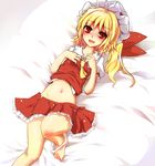  ascot bare_legs barefoot blonde_hair blush bow error fangs flandre_scarlet hands_on_own_chest harry_(namayake) hat hat_bow lying midriff navel on_back on_bed open_mouth panties panties_around_one_leg red_eyes short_hair side_ponytail skirt skirt_set smile solo touhou underwear white_panties 