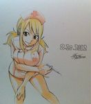  2012 alternate_costume blonde_hair breasts brown_eyes dated fairy_tail hat heart large_breasts leaning_forward lucy_heartfilia mashima_hiro md5_mismatch nurse nurse_cap official_art signature smile solo syringe tattoo traditional_media twintails 