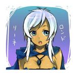 1girl blue_background blue_eyes bra breasts cleavage jewelry lowres necklace open_mouth rondorine_e._effenberg scarf short_hair silver_hair tales_of_(series) tales_of_phantasia:_narikiri_dungeon_x underwear 