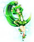  arms_up bike_shorts bow bowtie brooch choker cure_march full_body green green_choker green_eyes green_hair green_neckwear green_shorts green_skirt jewelry long_hair magical_girl midorikawa_nao ponytail precure shoes shorts shorts_under_skirt skirt smile smile_precure! solo tri_tails yuzucky 