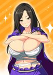  black_hair breast_suppress breasts bursting_breasts card_(medium) card_parody cinderella_girls_card_parody cleavage huge_breasts idolmaster idolmaster_cinderella_girls looking_at_viewer midriff mukai_takumi navel nekomamire parody pout sarashi serious sleeves_rolled_up solo yellow_eyes 