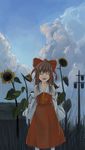  ascot bow brown_hair closed_eyes cloud day detached_sleeves facing_viewer flower hair_bow hair_tubes hakurei_reimu highres kinoto_(ruindivinity) open_mouth power_lines short_hair sky solo sunflower telephone_pole touhou wide_sleeves 