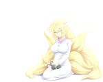  animal_ears blonde_hair breasts cat chen chen_(cat) closed_eyes fox_ears fox_tail hat highres large_breasts long_sleeves multiple_girls multiple_tails short_hair smile tail touhou white_background yakumo_ran yuuki_(yukigeshou_hyouka) 