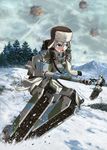  battle bottle cannon forest fur_hat ground_vehicle gun hat military military_uniform military_vehicle motor_vehicle mountain multiple_girls nature original ryuuko_rin snow striker_unit tail tank uniform weapon world_witches_series 