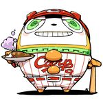  baseball_bat baseball_uniform curry food hiroshima_touyou_carp hounori kuma_(persona_4) lowres nippon_professional_baseball no_humans persona persona_4 sportswear 
