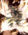  absurdres armor black_hair coat elsword fire grin highres long_hair male_focus malmaron mechanical_arm multicolored_hair raven_(elsword) red_hair smile solo sword two-tone_hair veteran_commander_(elsword) weapon yellow_eyes 