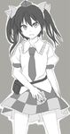  ayasugi_tsubaki cellphone greyscale hat himekaidou_hatate long_hair monochrome necktie open_mouth phone pouch puffy_sleeves short_sleeves solo standing tokin_hat touhou twintails 