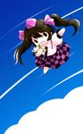  black_hair cellphone cloud flying hat highres himekaidou_hatate long_hair necktie open_mouth outstretched_arms phone puffy_sleeves short_sleeves sky solo tokin_hat touhou twintails yume_shokunin 