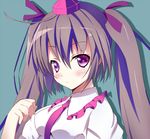  aa44 blush brown_hair face hat himekaidou_hatate long_hair necktie puffy_sleeves purple_eyes solo tokin_hat touhou twintails 