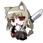  animal_ears blush_stickers chibi inubashiri_momiji lowres naginami open_mouth red_eyes simple_background solo sword tail touhou weapon white_background wolf_ears wolf_tail 